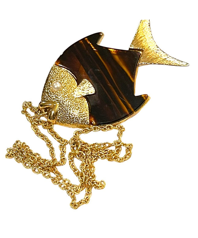 Vintage Large tortoise Lucite Gold finish Fish necklace 1970s