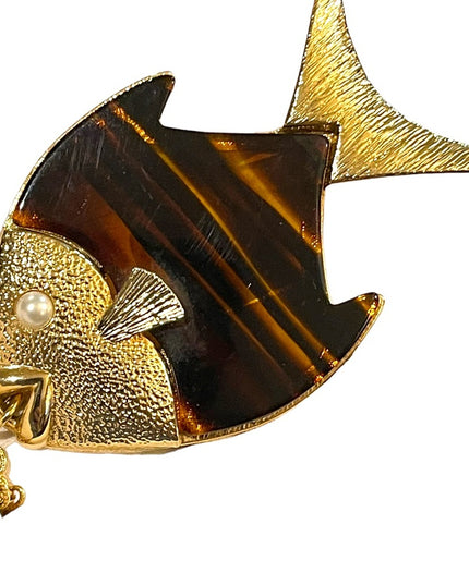 Vintage Large tortoise Lucite Gold finish Fish necklace 1970s