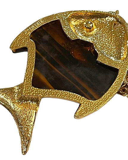 Vintage Large tortoise Lucite Gold finish Fish necklace 1970s