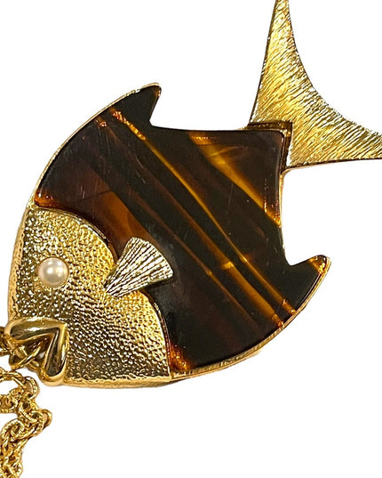 Vintage Large tortoise Lucite Gold finish Fish necklace 1970s