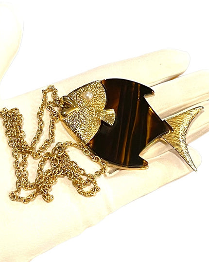 Vintage Large tortoise Lucite Gold finish Fish necklace 1970s