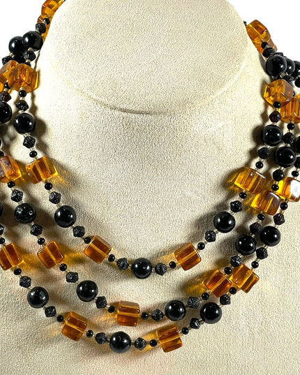 Vintage 1950s 3 stand Hand strung black and honey Amber CZECH Glass Necklace