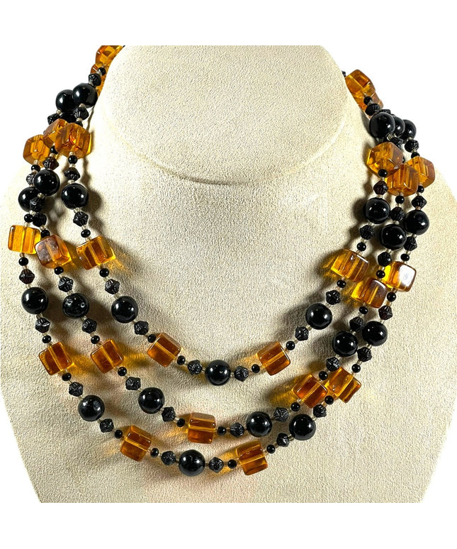Vintage 1950s 3 stand Hand strung black and honey Amber CZECH Glass Necklace