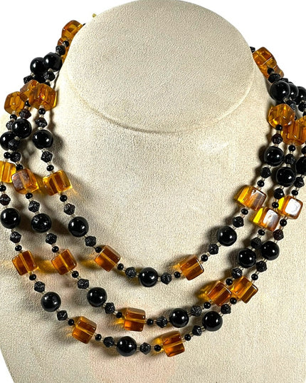 Vintage 1950s 3 stand Hand strung black and honey Amber CZECH Glass Necklace
