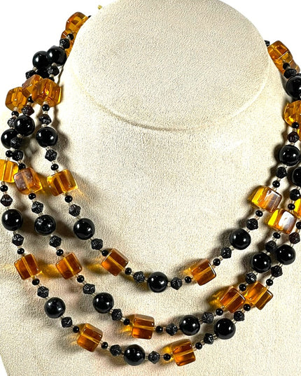 Vintage 1950s 3 stand Hand strung black and honey Amber CZECH Glass Necklace