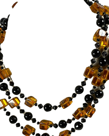 Vintage 1950s 3 stand Hand strung black and honey Amber CZECH Glass Necklace