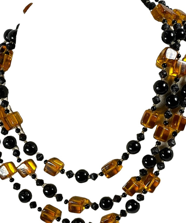 Vintage 1950s 3 stand Hand strung black and honey Amber CZECH Glass Necklace