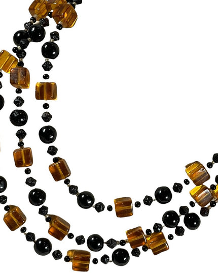 Vintage 1950s 3 stand Hand strung black and honey Amber CZECH Glass Necklace