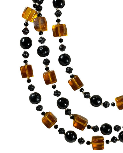 Vintage 1950s 3 stand Hand strung black and honey Amber CZECH Glass Necklace