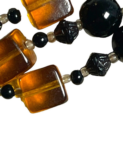 Vintage 1950s 3 stand Hand strung black and honey Amber CZECH Glass Necklace