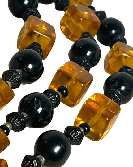Vintage 1950s 3 stand Hand strung black and honey Amber CZECH Glass Necklace