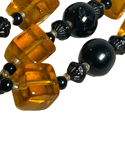 Vintage 1950s 3 stand Hand strung black and honey Amber CZECH Glass Necklace