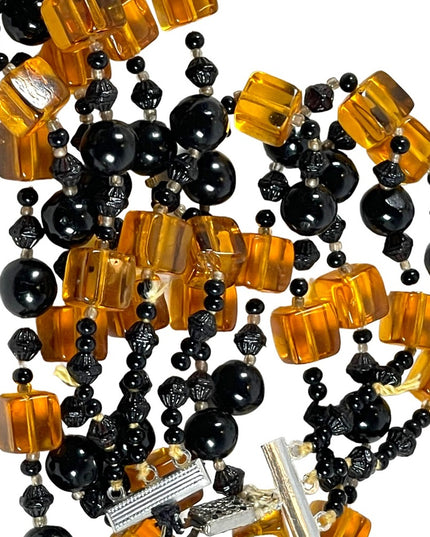 Vintage 1950s 3 stand Hand strung black and honey Amber CZECH Glass Necklace