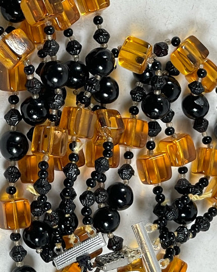 Vintage 1950s 3 stand Hand strung black and honey Amber CZECH Glass Necklace