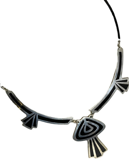 Vintage Alpaca Mexico Black enamel inlay deco silver finish cleopatra necklace