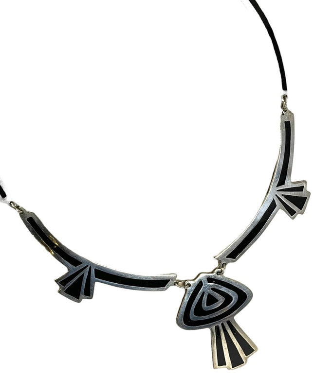 Vintage Alpaca Mexico Black enamel inlay deco silver finish cleopatra necklace