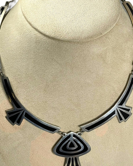 Vintage Alpaca Mexico Black enamel inlay deco silver finish cleopatra necklace