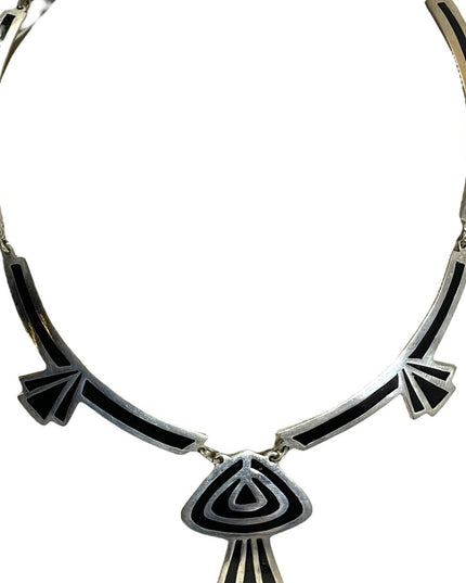 Vintage Alpaca Mexico Black enamel inlay deco silver finish cleopatra necklace