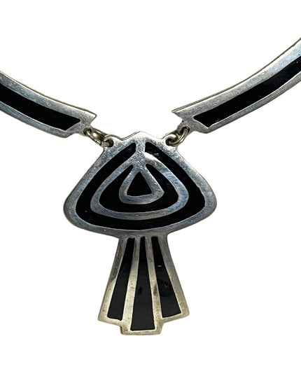 Vintage Alpaca Mexico Black enamel inlay deco silver finish cleopatra necklace