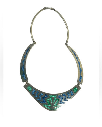 Vintage Mexico Alpaca Crushed stone inlay Aztec Silver bib necklace