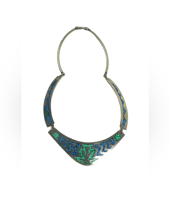 Vintage Mexico Alpaca Crushed stone inlay Aztec Silver bib necklace