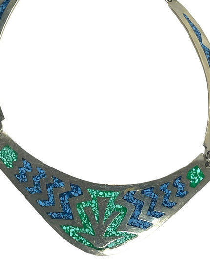 Vintage Mexico Alpaca Crushed stone inlay Aztec Silver bib necklace