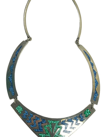 Vintage Mexico Alpaca Crushed stone inlay Aztec Silver bib necklace
