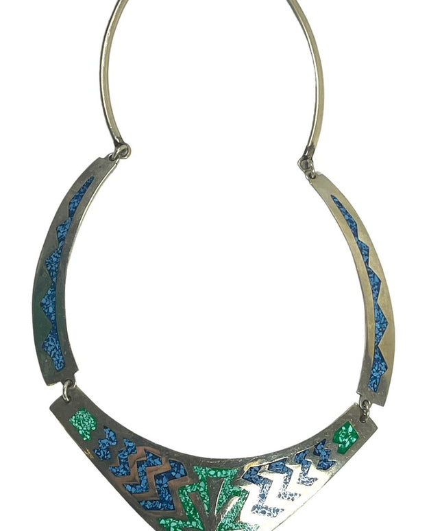 Vintage Mexico Alpaca Crushed stone inlay Aztec Silver bib necklace