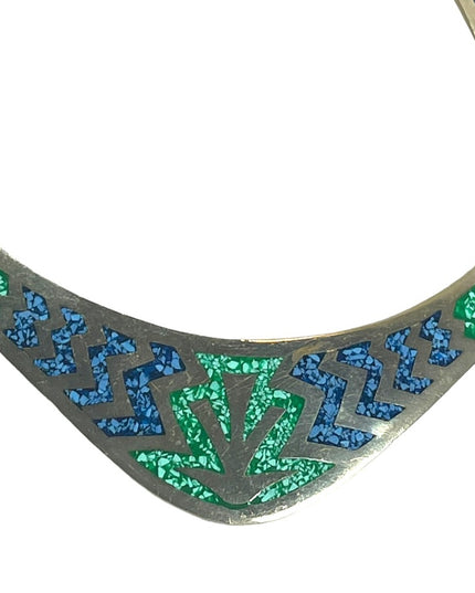 Vintage Mexico Alpaca Crushed stone inlay Aztec Silver bib necklace
