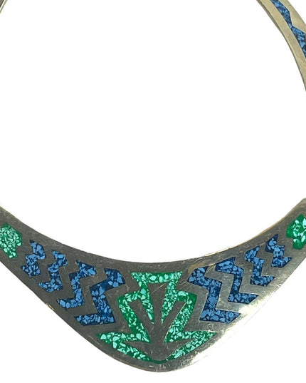 Vintage Mexico Alpaca Crushed stone inlay Aztec Silver bib necklace