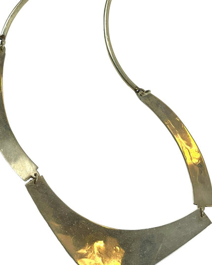 Vintage Mexico Alpaca Crushed stone inlay Aztec Silver bib necklace