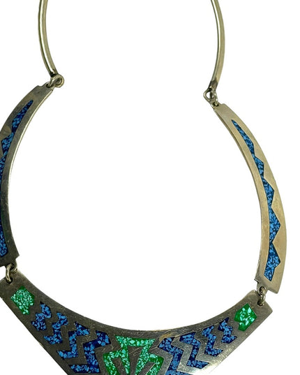 Vintage Mexico Alpaca Crushed stone inlay Aztec Silver bib necklace