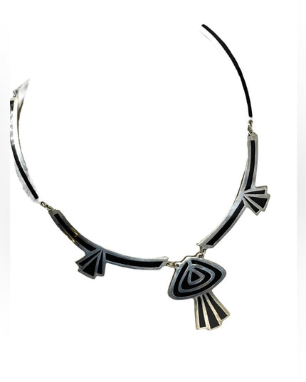 Vintage Alpaca Mexico Black enamel inlay deco silver finish cleopatra necklace