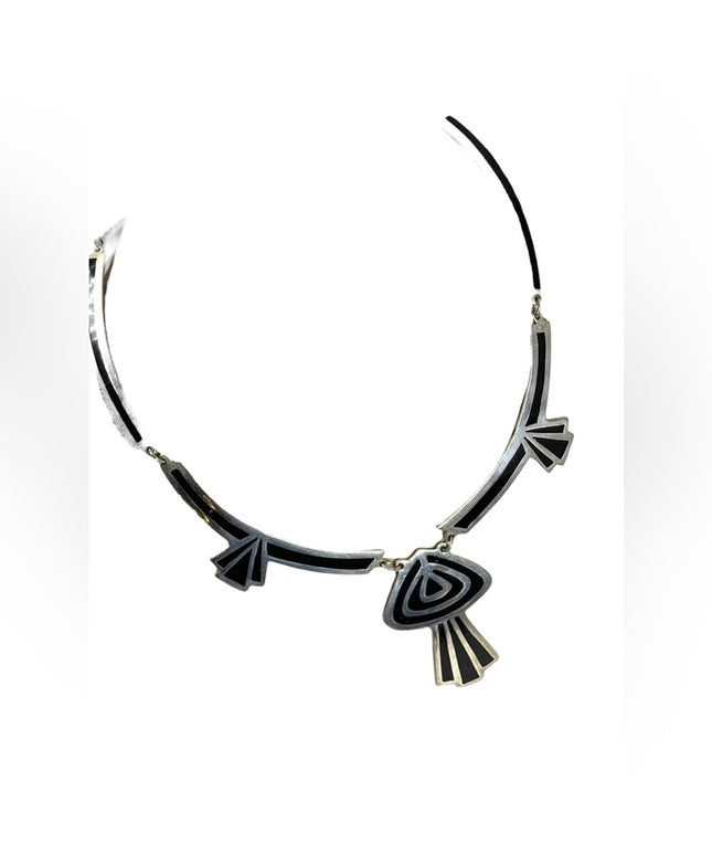 Vintage Alpaca Mexico Black enamel inlay deco silver finish cleopatra necklace