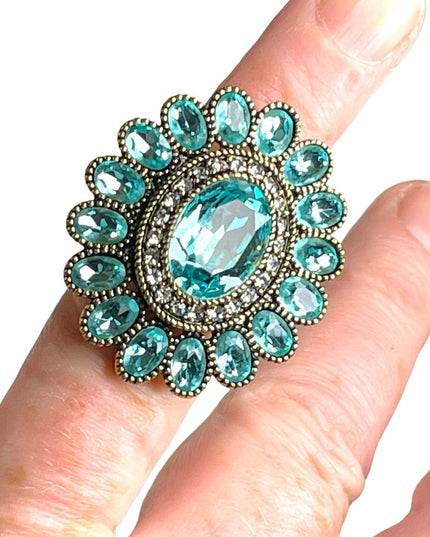 Lareg Retired Heidi Daus London Blue Topaz crystal Ring flower ottoman style
