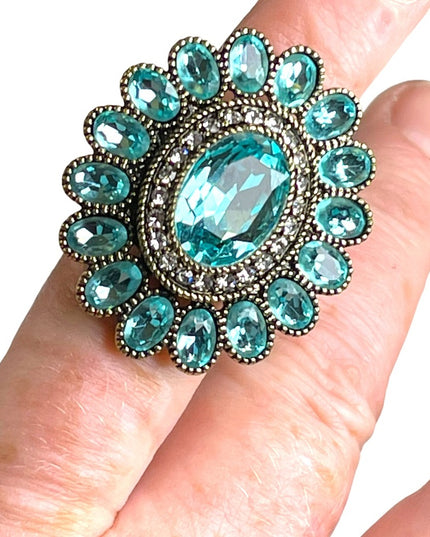 Lareg Retired Heidi Daus London Blue Topaz crystal Ring flower ottoman style