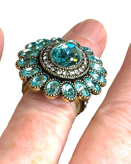 Lareg Retired Heidi Daus London Blue Topaz crystal Ring flower ottoman style