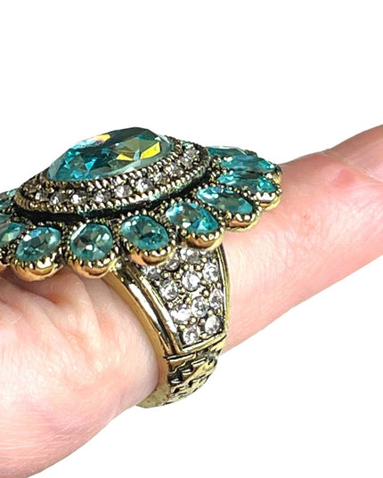 Lareg Retired Heidi Daus London Blue Topaz crystal Ring flower ottoman style