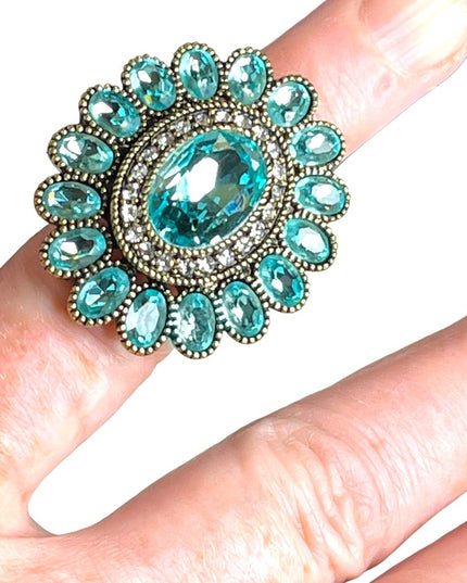 Lareg Retired Heidi Daus London Blue Topaz crystal Ring flower ottoman style