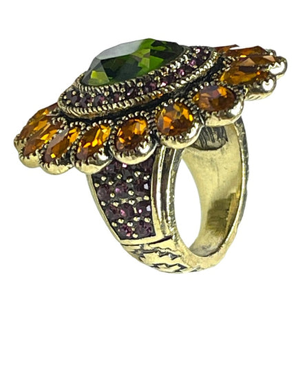 Retired Heidi Daus Large Amber Crystal Ottoman style antiqued ring