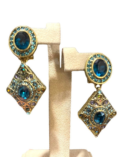 Retired Heidi Daus London blue topaz crystal amethyst crystal antiqued earrings