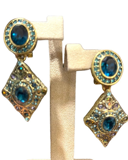Retired Heidi Daus London blue topaz crystal amethyst crystal antiqued earrings