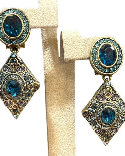 Retired Heidi Daus London blue topaz crystal amethyst crystal antiqued earrings