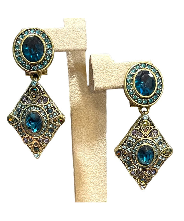 Retired Heidi Daus London blue topaz crystal amethyst crystal antiqued earrings