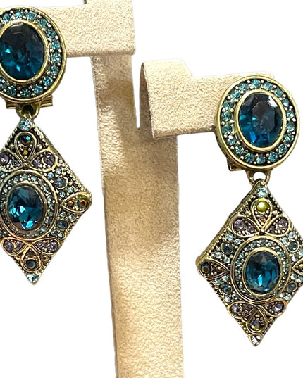 Retired Heidi Daus London blue topaz crystal amethyst crystal antiqued earrings