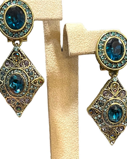 Retired Heidi Daus London blue topaz crystal amethyst crystal antiqued earrings