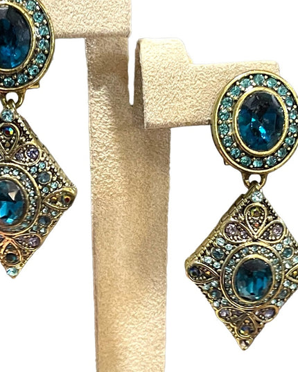 Retired Heidi Daus London blue topaz crystal amethyst crystal antiqued earrings