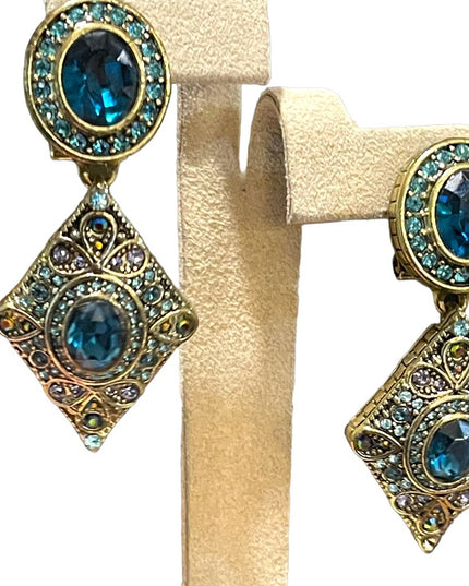 Retired Heidi Daus London blue topaz crystal amethyst crystal antiqued earrings