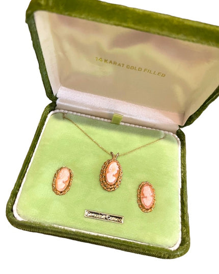 Vintage 1960s 14K Gold Filled Shell Cameo SET necklace earrings In orig box