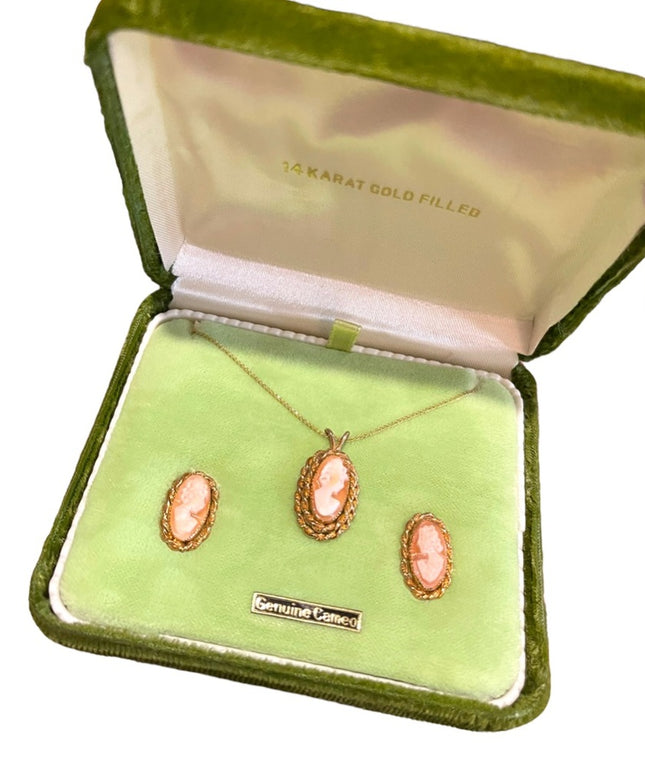 Vintage 1960s 14K Gold Filled Shell Cameo SET necklace earrings In orig box